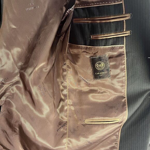 Caravelli 2-Pc Men's Suit Black Pin Superior 150s Blazer 44R Pants 38x44 FLAWS - Picture 5 of 16